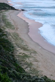 A stunning aerial view of a picturesque beach along Victoria's coastline, perfect for adventure travel.