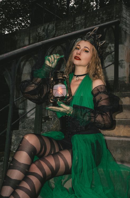 Mysterious Woman in Gothic Green Dress Holding Lantern Free Stock Photo Mysterious Woman in Gothic Green Dress Holding Lantern Free Stock Photo
