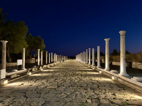 Illuminated ancient Roman columns and path in Side, Türkiye during nighttime.