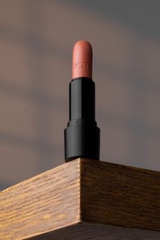 A nude lipstick elegantly displayed on a wooden surface with soft lighting.