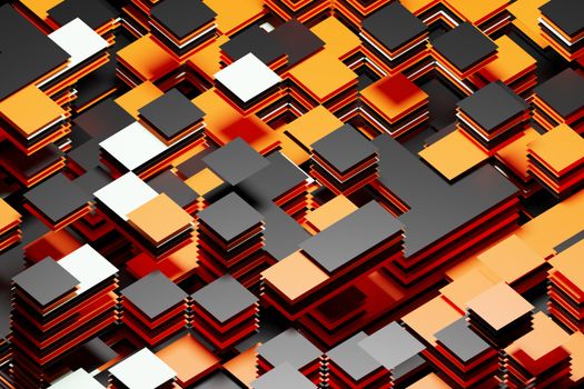 Dynamic abstract image of layered geometric blocks in bold orange, black, and white colors.