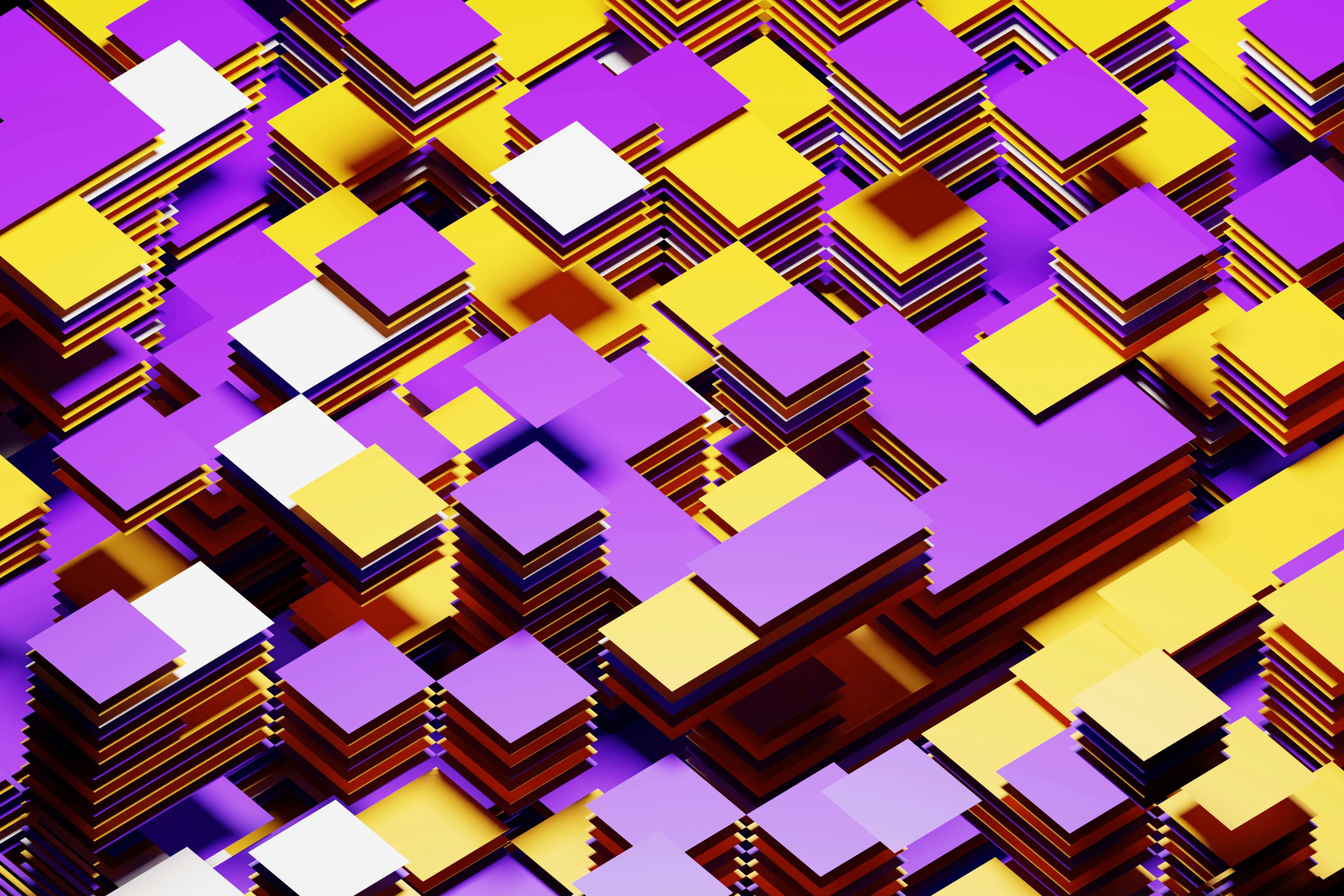 Gratis Levende 3D abstrakt geometrisk mønster med gule, fiolette og hvite blokker. Arkivbilde