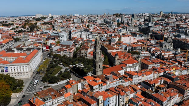 Aerial view of Porto with iconic landmarks and red rooftops under a clear blue sky.