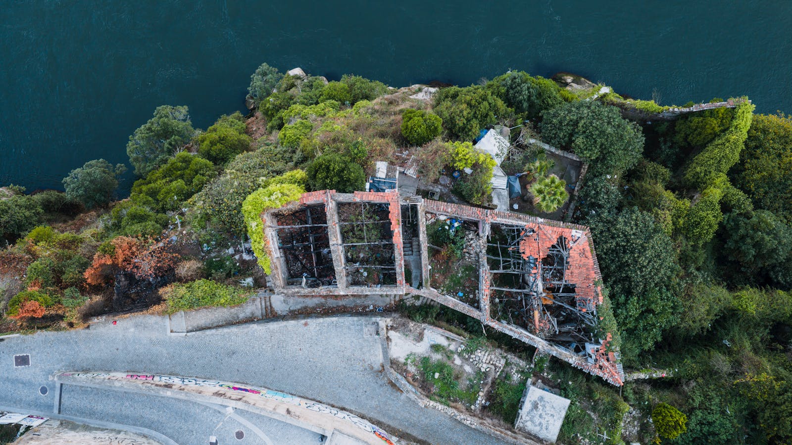 Drone inspection view of an abandoned building in Porto, Portugal