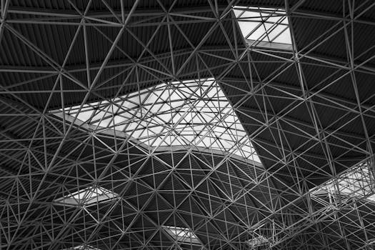 Black and white photo of a geometric metal roof structure showcasing architectural design.