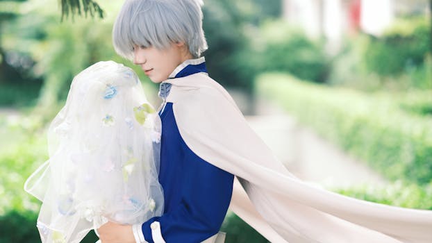 Cosplay character in a blue costume and silver hair with flowing cape, outdoors.