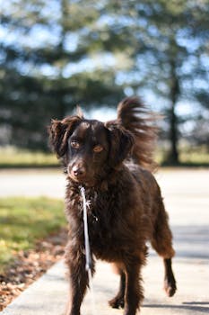 一只活泼的棕色狗在户外的人行道上享受阳光明媚的一天