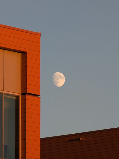 Free A serene scene of the moon over a modern building facade in Sydney, Nova Scotia during sunset. Stock Photo
