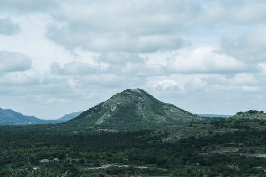 A tranquil view of a lush hillside in Bengaluru, Karnataka, India.