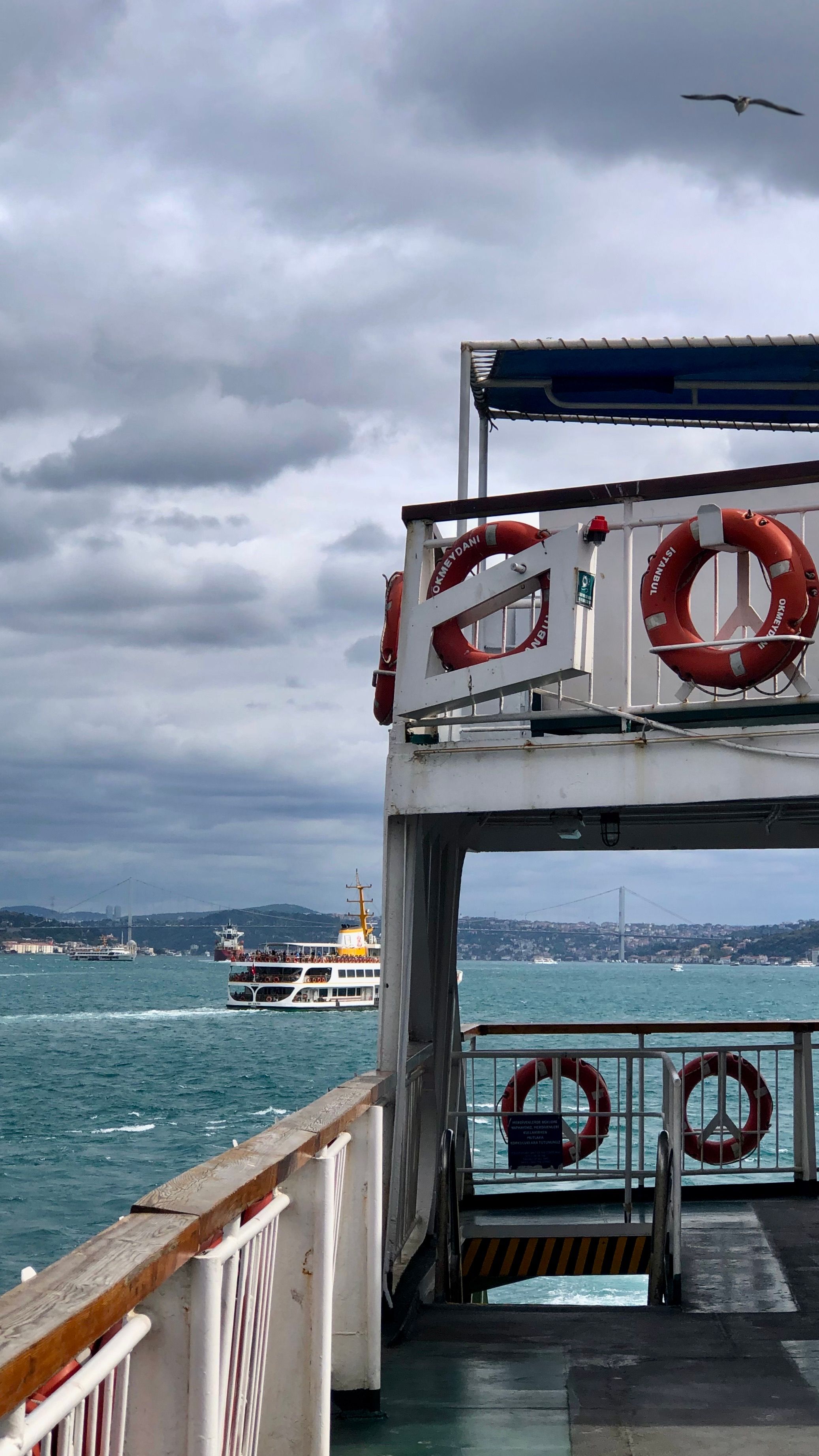 A ferry journey on the Bosphorus Strait with a view of ships and lifebuoys on a cloudy day.