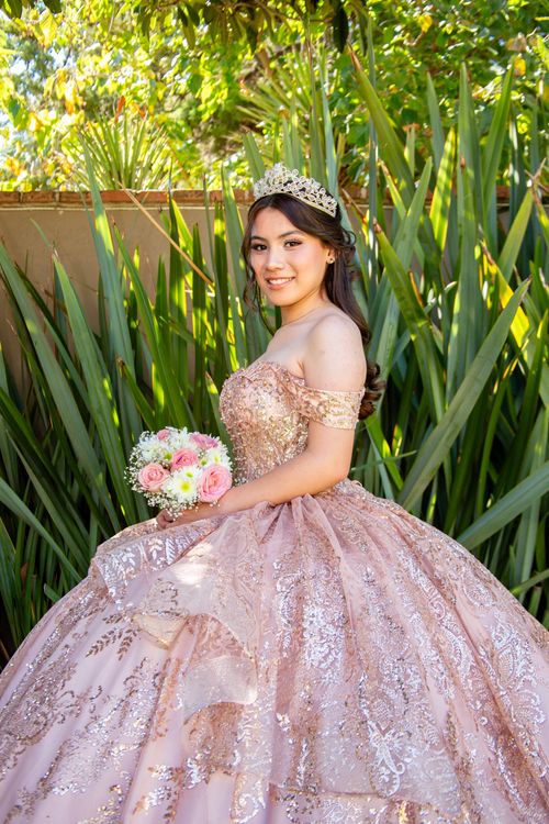 Free Young woman in elaborate quinceañera dress with crown and flowers outdoors. Stock Photo