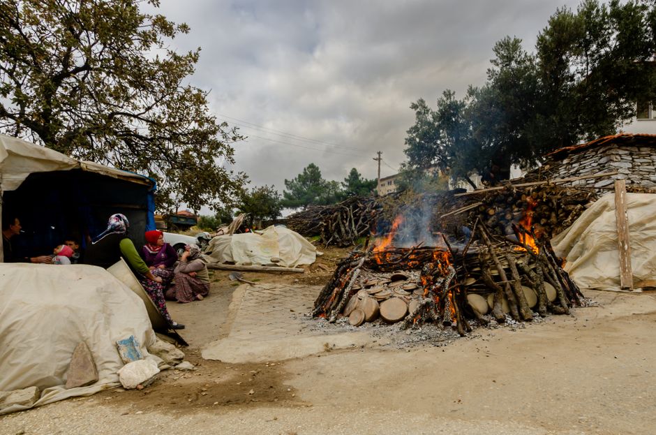 Group of people gathered around a campfire in a rural outdoor setting with tents and wood.