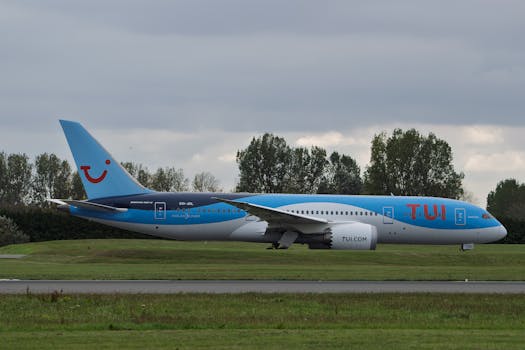 TUI Airlines Boeing 787 Dreamliner parked on the runway with overcast sky.