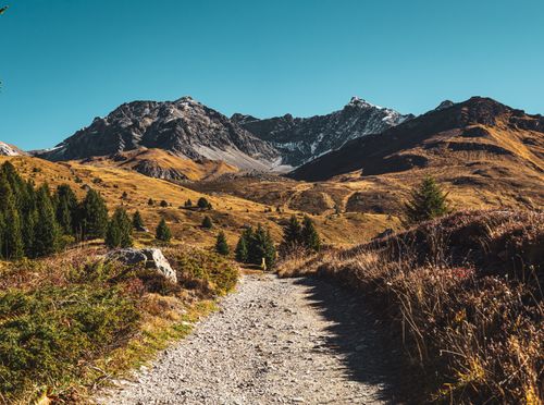 Free Scenic mountain trail in Surses, Graubünden, with stunning views of the Swiss Alps. Stock Photo