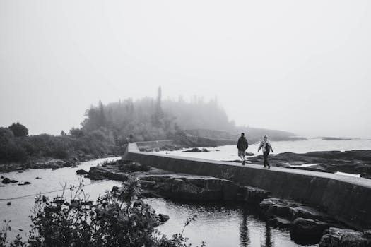 Two individuals walk along a misty pier extending into the fog over the water's edge.