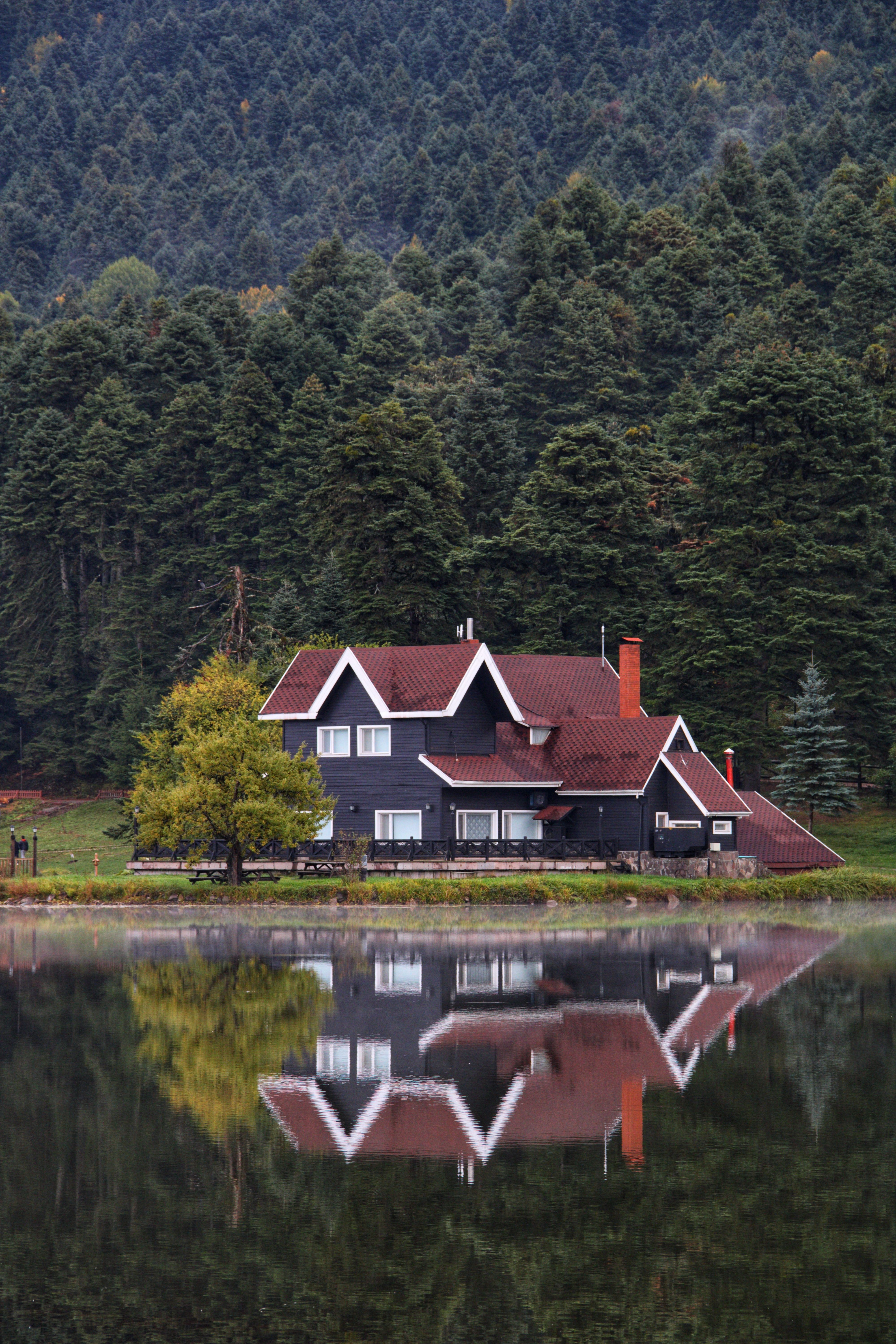 Stunning reflection of a lakeside house surrounded by lush forest in Bolu, Türkiye.