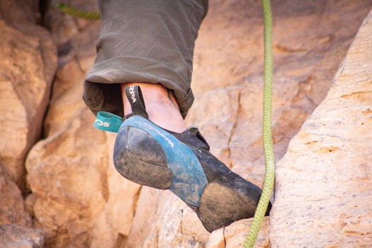 Close-up image of a climber's foot in a rock climbing shoe gripping a rocky surface.