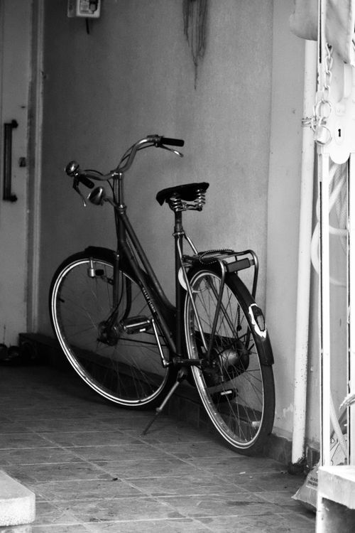 Free Classic black and white photo of a bicycle leaning against a wall indoors. Stock Photo