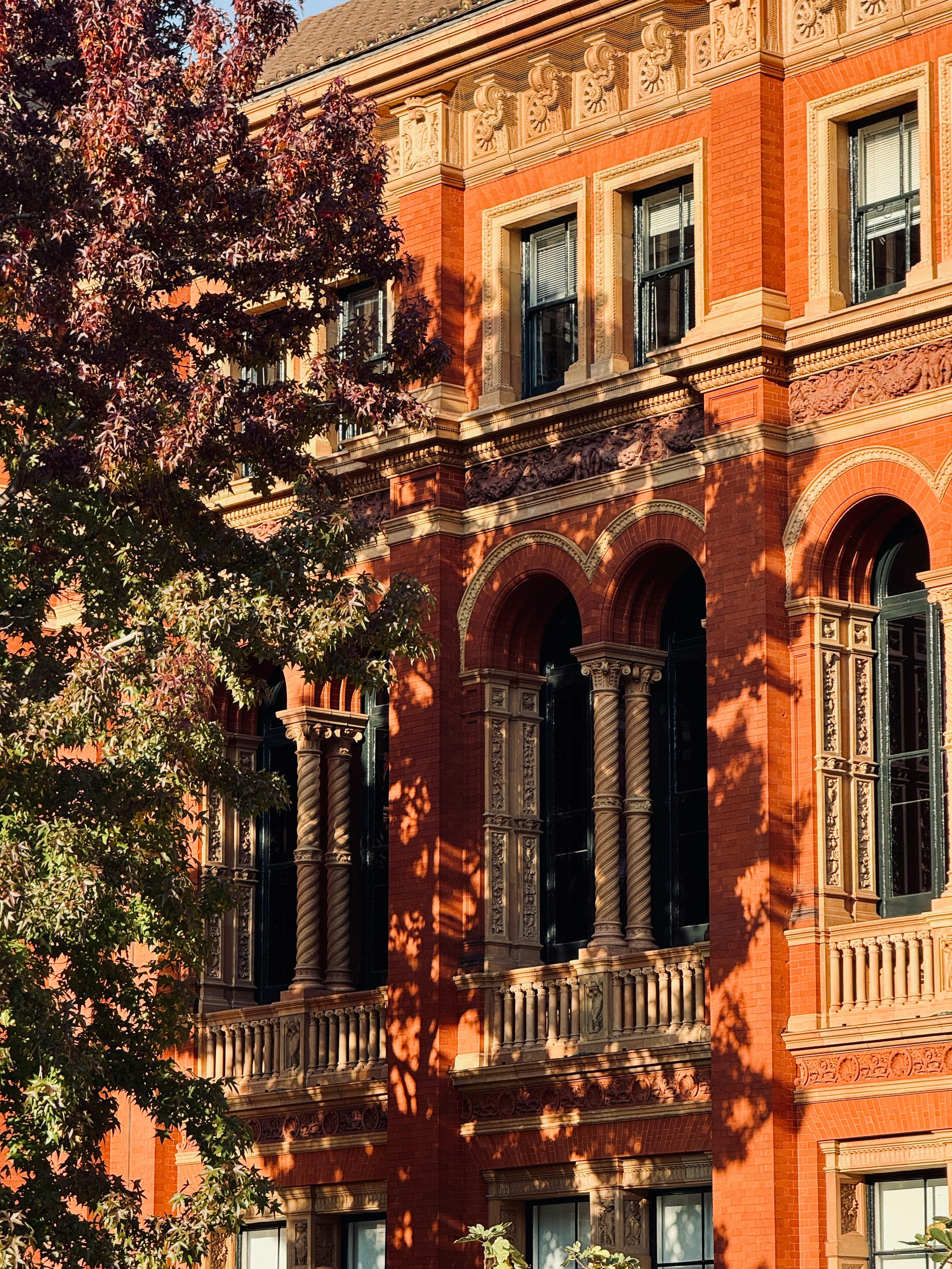 Sunlit historic building in London, showcasing beautiful architectural details amidst autumn foliage.