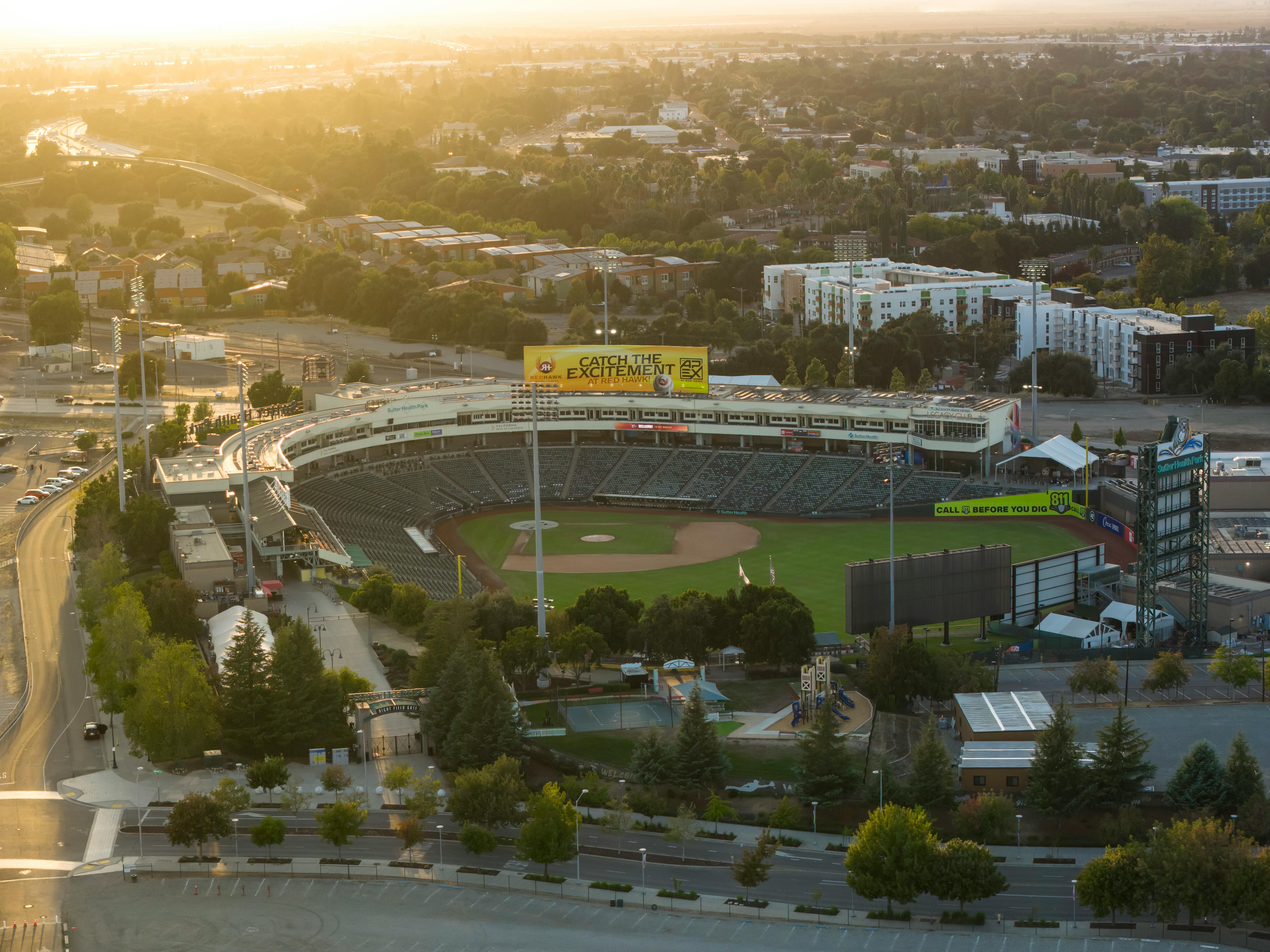 Stunning aerial view of Sutter Health Park during sunset in Sacramento, California.