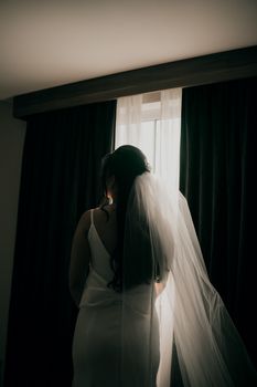 Silhouette of a bride in a wedding dress with veil, standing by a window.