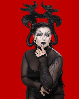 Striking gothic portrait featuring intricate hairstyle and bold makeup against a vibrant red background.