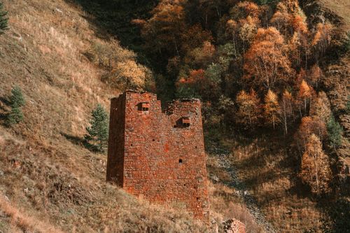 Free A historic red brick tower amidst a vibrant autumn forest on a hillside. Stock Photo