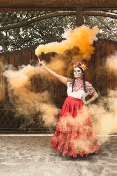 Vibrant Day of the Dead attire with smoke effects outdoors.