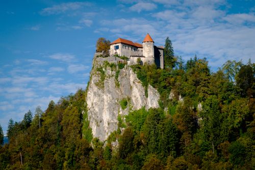 Free Discover the stunning Bled Castle perched atop a cliff in Slovenia, surrounded by vibrant autumn foliage. Stock Photo