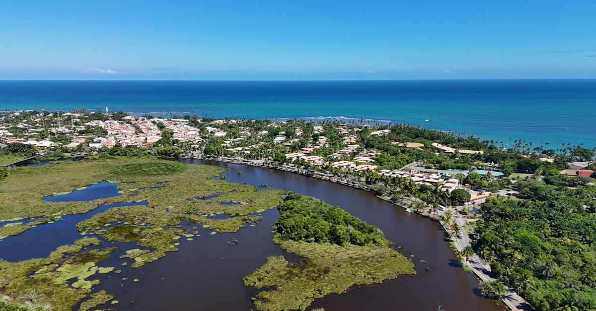 Discover the breathtaking aerial view of Praia do Forte, showcasing Brazil's vibrant coastal landscape and nature.