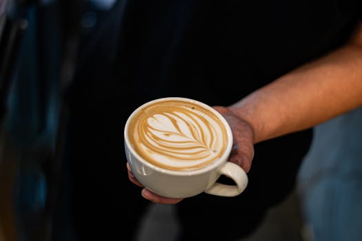 Close-up of a barista's hand holding a latte featuring intricate latte art.