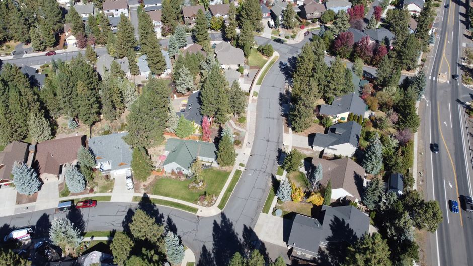 Aerial view of a tree-lined suburban neighborhood with houses and curved streets on a sunny day.