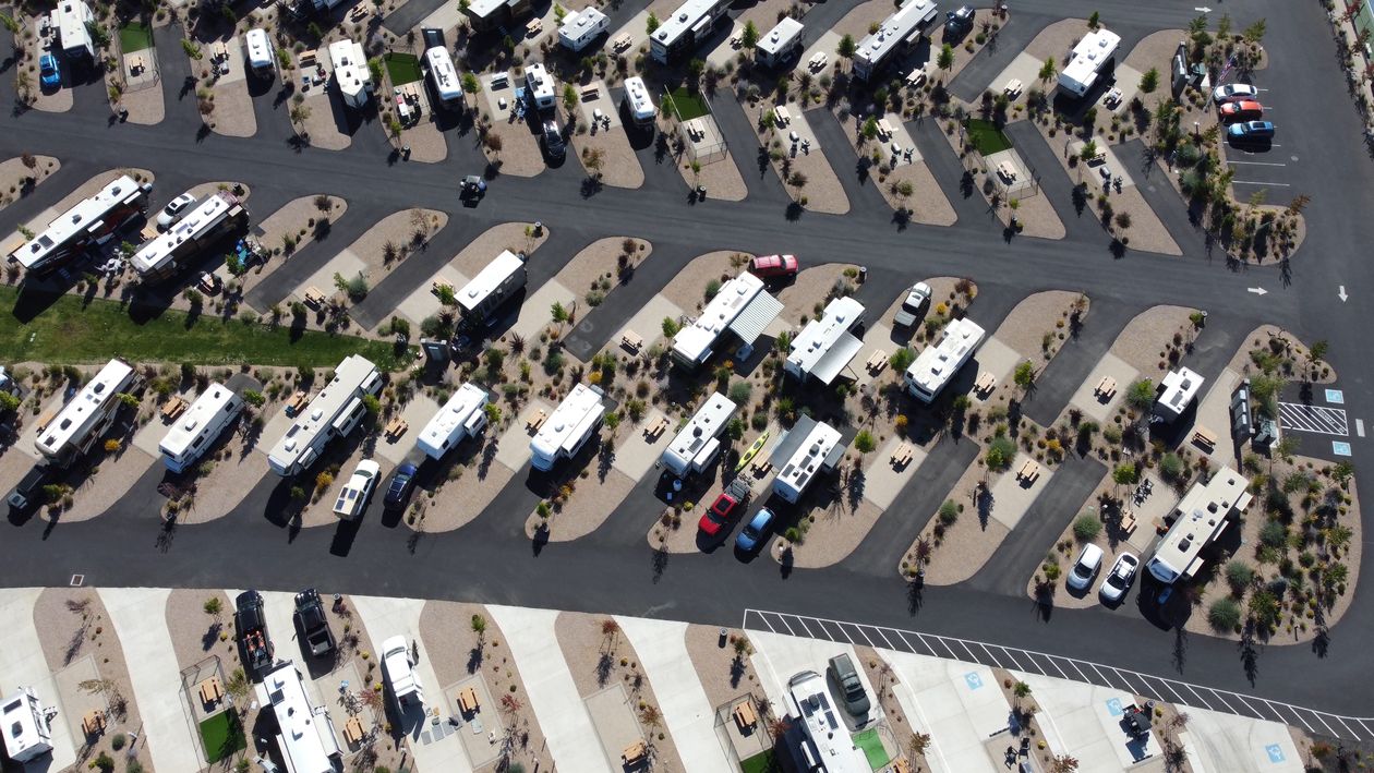 Aerial View of Modern RV Park with Campers · Free Stock Photo