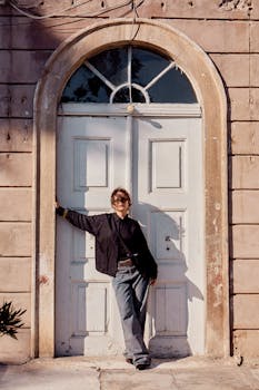 Woman poses casually by an arched doorway in İstanbul, Türkiye, highlighting traditional architecture.