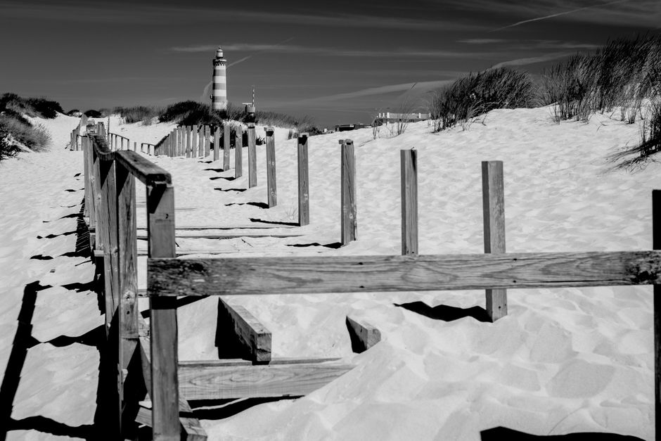 A striking black and white image featuring a sandy beach path leading to a distant lighthouse.