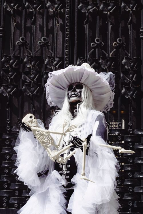 Free Elegant skeleton costume with dark makeup in front of gothic iron gate during festival. Stock Photo