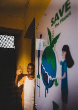 Smiling boy waving near 'Save the Planet' poster indoors, promoting sustainability.