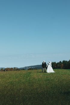 Bride and groom hold hands in a lush green field with a clear blue sky.