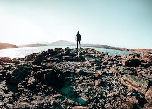 清晨的微光中，一个孤独的身影伫立在多岩石的海岸线上，凝望着远方的山脉