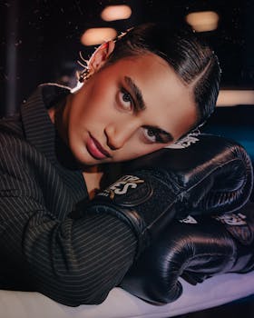 Striking portrait of a woman resting on her boxing gloves, showcasing strength and style.