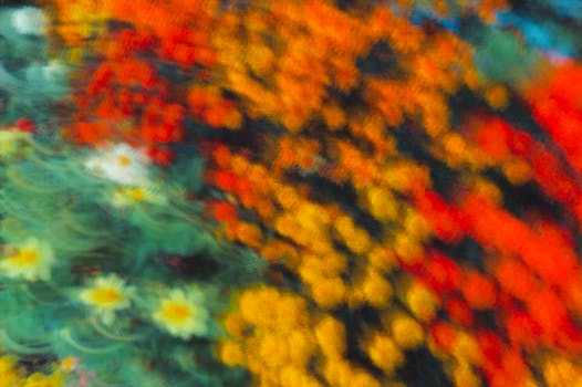 Vivid abstract image of a blurred flower field with red, yellow, and green hues.