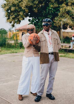 Stylish adults posing with a basketball on an outdoor court in a casual setting.