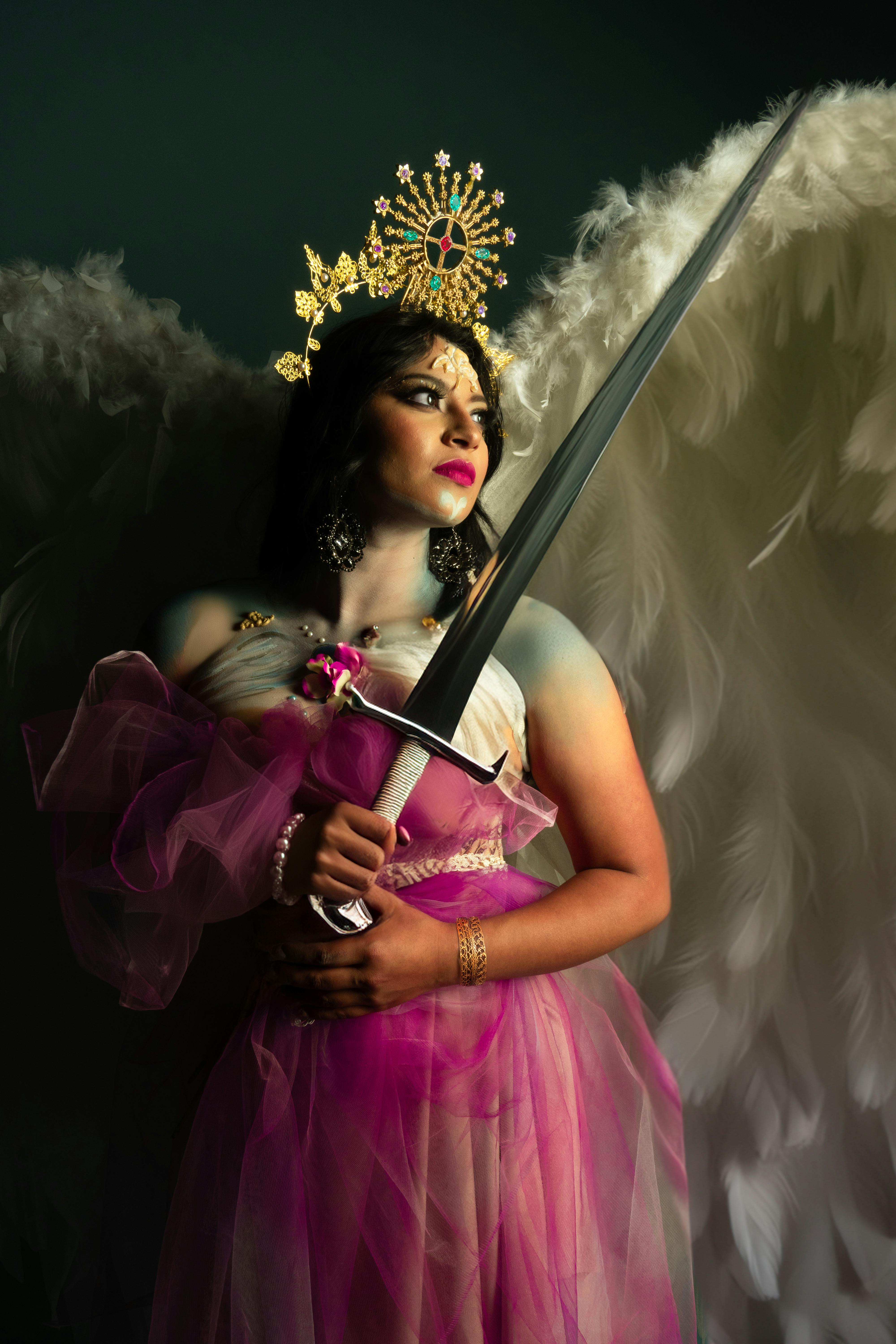 A captivating portrayal of a divine figure with wings and sword, exuding grace and strength.