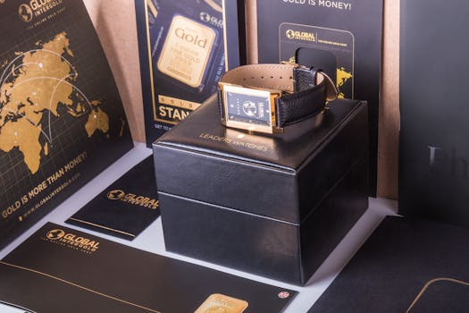 Opulent gold watch displayed with global branding materials, exuding luxury and wealth.