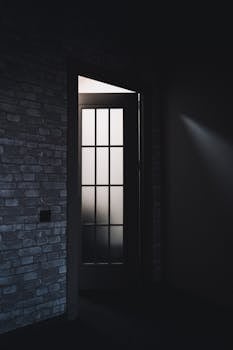 Moody image of an open door with a frosted glass panel, casting light and shadows in a dark room.