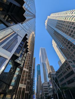 A striking upward view of modern skyscrapers reaching into a clear blue sky in Toronto's financial district.