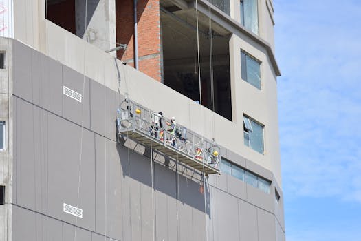 Construction workers on suspended scaffolding in an urban building exterior.