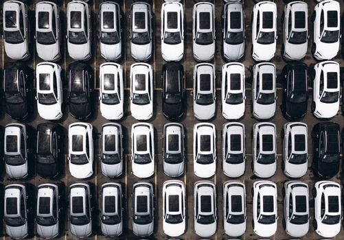 Aerial shot of a parking lot with rows of parked cars in Brazil, showcasing organization and modernity.