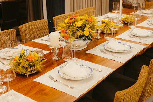 Beautifully set dining table adorned with vibrant yellow and orange floral centerpieces, ready for a special occasion.