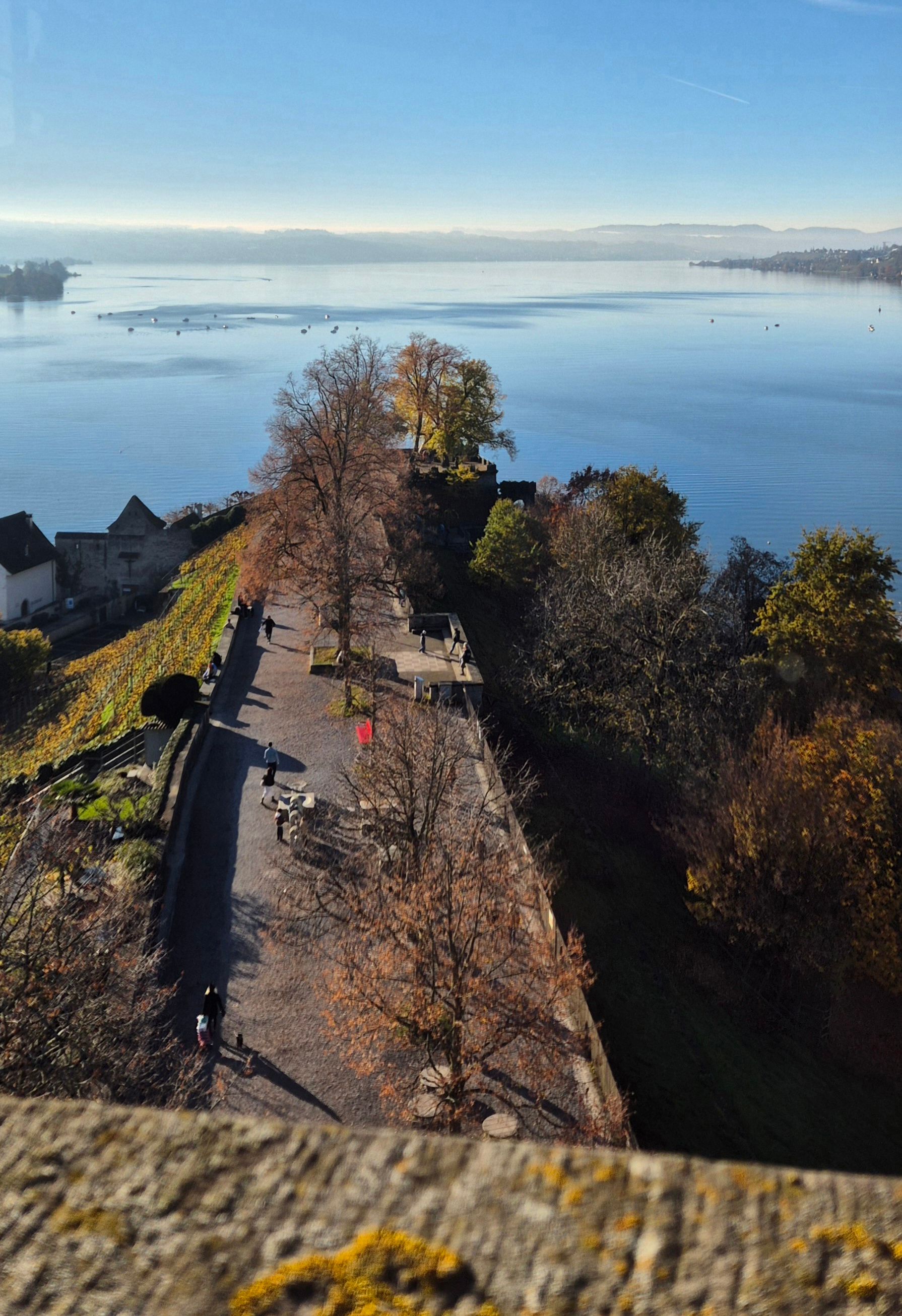 A serene aerial view of Lake Zurich with a lakeside path in Rapperswil-Jona, Switzerland.